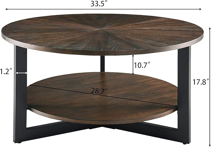 Round Coffee Table with Storage Shelf, 33.5in Circle Accent Center Table with Black Metal Legs, 2-Tier Industrial Cocktail Table for Living Room, Brown-1338NC
