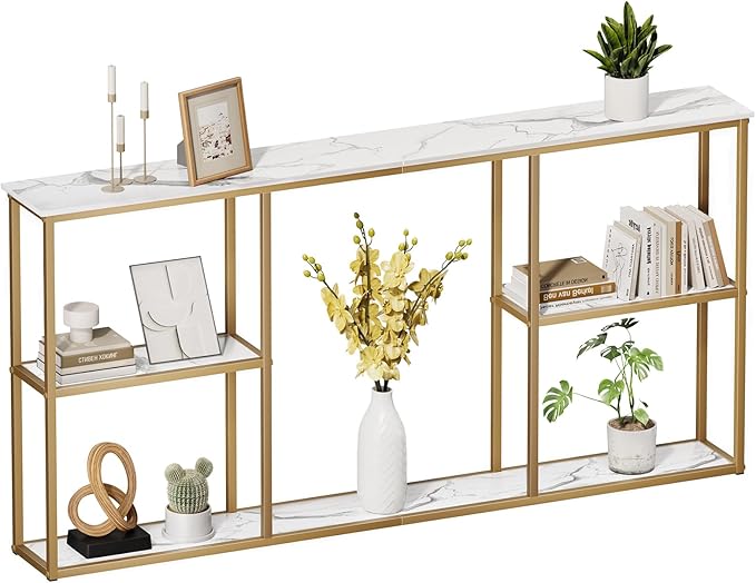 WOHOMO Gold Console Table,3-Tier Small Entryway Table for Hallway, Narrow Sofa Table Behind Couch for Living Room,Entrance(63 inch)