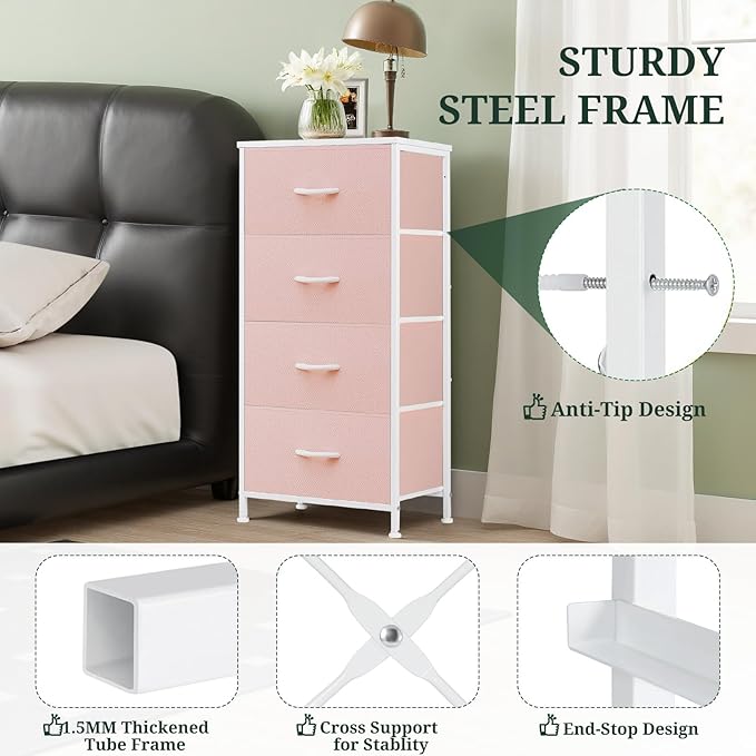 Nightstand, 4 Drawer Dresser End Table Bedside Furniture with Wooden Top Steel Frame Fabric Bins for Bedroom, Closet, Entryway, Dorm, Living Room, Pink