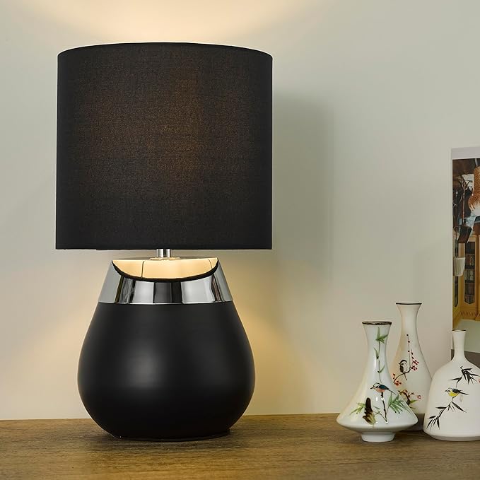 Small Modern Touch Eye Protection Bedside Table Lamp, 7 x 7 x 12 Inch Dark Blue Metal Base Table Lamp for Bedrooms and Office (Dark Blue Fabric Lampshade)