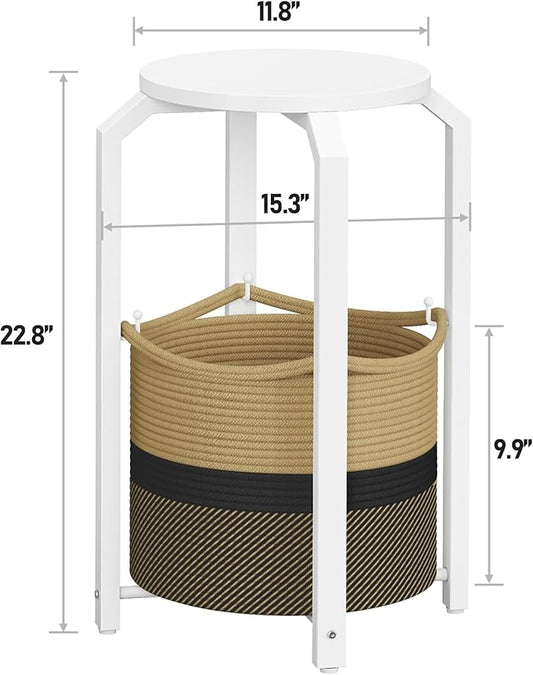 TUTOTAK Small Side Table, Round End Table, Night Stand, Bedside Table, Sofa Table with Storage Basket, Living Room, Bed Room, White and Black-Brown TB01BWK092
