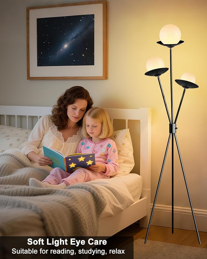 Lightdot Tripod Floor Lamp Dimmable Globe Floor Lamps with 3 LED Bulbs, 3000K Soft Warmwhite Mid Century Modern Standing Lamps Black Tall Lamp for Living Room Bedroom