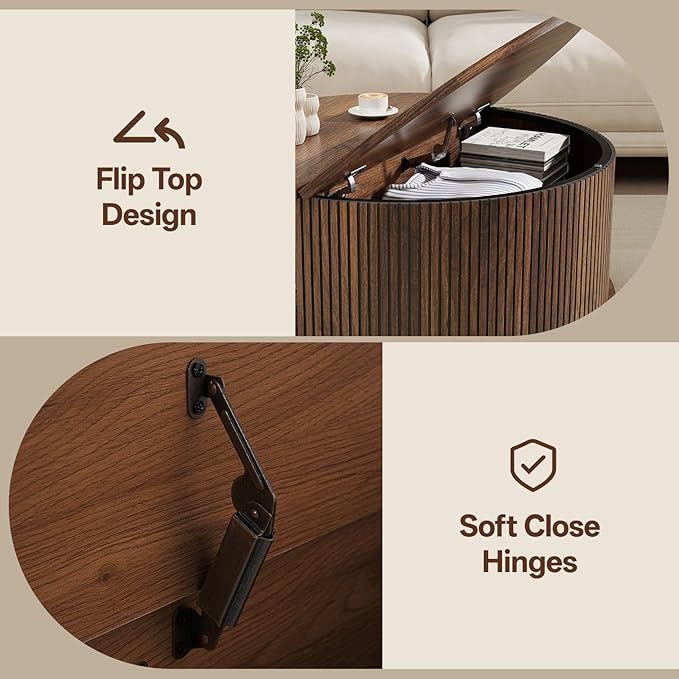 Mid Century Round Coffee Table, Fluted Center Table with Sliding Door, Modern Dining Table with Storage for Home Living Room Office, 31.5", Walnut