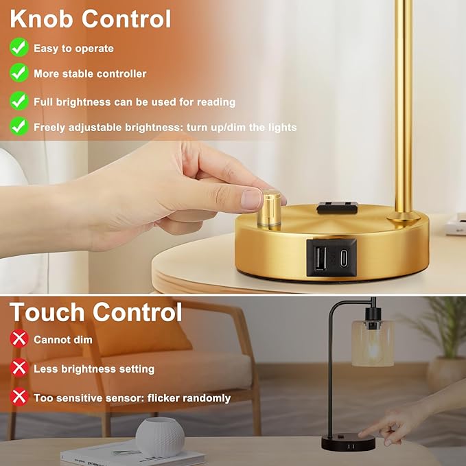 Innqoo Industrial Table Lamps for Bedroom Set of 2 - Fully Dimmable Bedside Lamps with USB Ports and Outlet, Gold Nightstand Lamps with Opal Glass Shade for Living Room, Desk Lamps for Office Reading