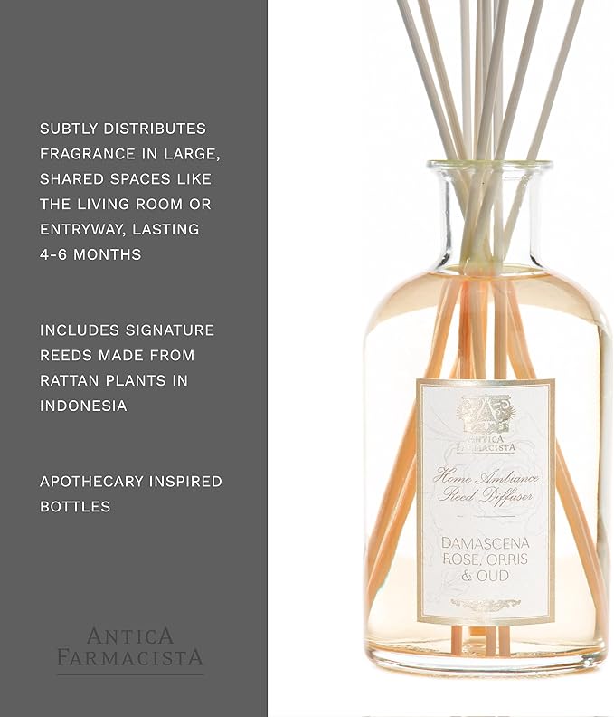 Antica Farmacista Home Ambiance Diffuser - Long-Lasting Reed Scent Diffuser - Luxury Room Freshener Gift - Damascena Rose, Orris & Oud, 16.9 fl oz