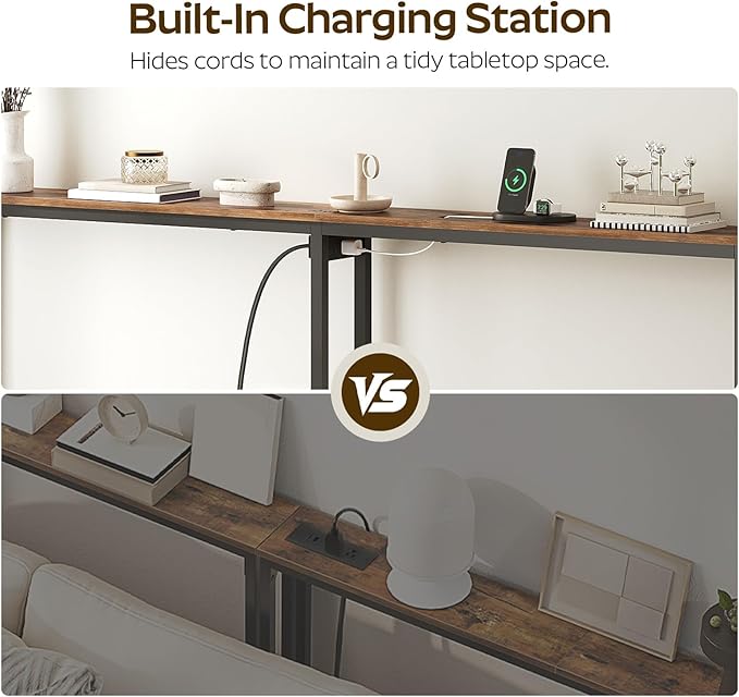 Narrow Console Table, 70.9" Behind Couch Table Skinny, Small Entryway Table with Power Outlets, Modern Hallway Table for Living Room, Entryway, Rustic Brown and Black CT15UBR