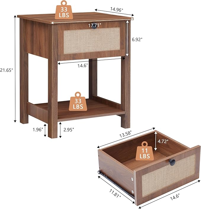 Wood Nightstand, 21.65" H End Table with Flax Finish, Modern Night Stands with Drawer, Farmhouse Bedside Table for Bedroom Living Room (Walnut)