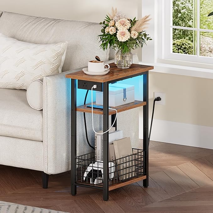 HOOBRO Narrow Side Table with Charging Station and LED Light, Set of 2, Small End Table with Storage, Skinny Nightstand Slim Bedside Table for Small Spaces, Living Room, Rustic Brown BF242UDBZP201