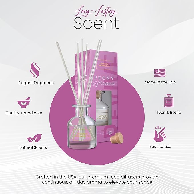 Brooklyn Fragrance Co. Aroma Diffuser - Long Lasting Premium Fragrance - Air Fresheners for Home Peony & Prosecco Scents- Fragrance Diffuser for a Large Room - 100ML