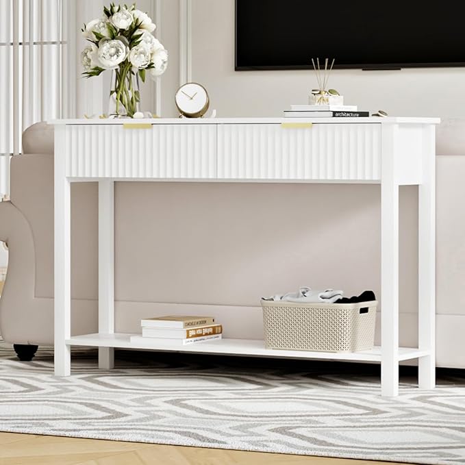 47.2" White Entryway Console Table with 2 Fluted Drawers and Gold Handles, Modern Sofa Table with Storage Shelf for Living Room and Hallway