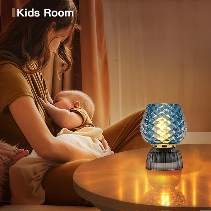 Battery Operated Lamp with Timer, Cute Small Cordless Glass Table Lamp for Home Decor, Kitchen, Bathroom, Birthday Gift for Women, Pinecone, Blue