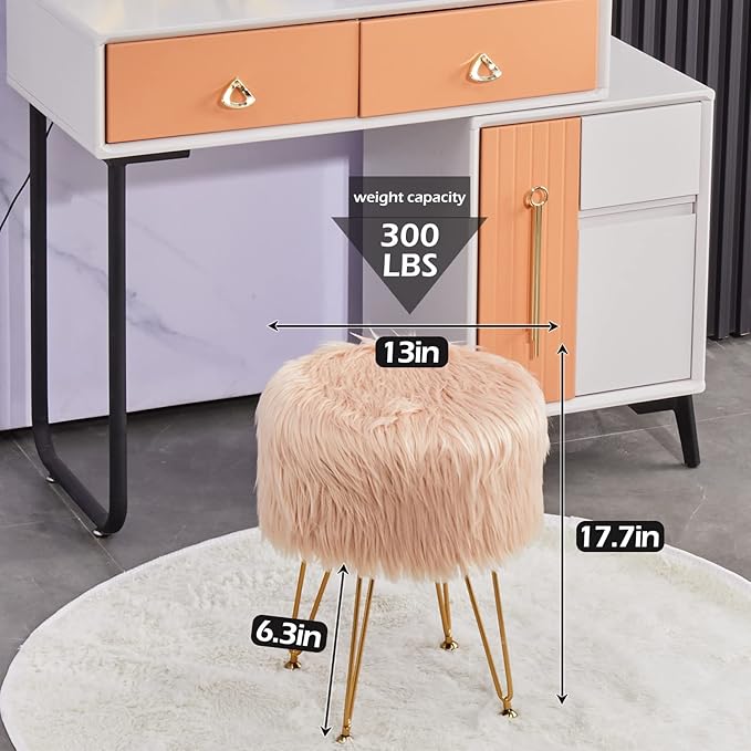 Mxfurhawa Faux Fur Storage Ottoman Round Furry Vanity Stool Marble Grain Tray Coffee Table Compact Footrest Stool with 4 Metal Legs Soft Makeup Seat Foot Stools Living Room Bedroom Entryway Champagne