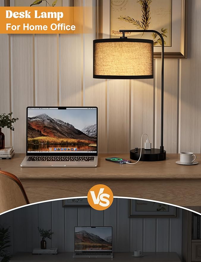 Black Tall Table Lamp with USB Port and Outlet, Dimmable Nightstand Bedside Lamps with Linen Lampshade, Desk Lamp for Bedroom, Living Room, Guest Room, Home Office, LED Bulb Included