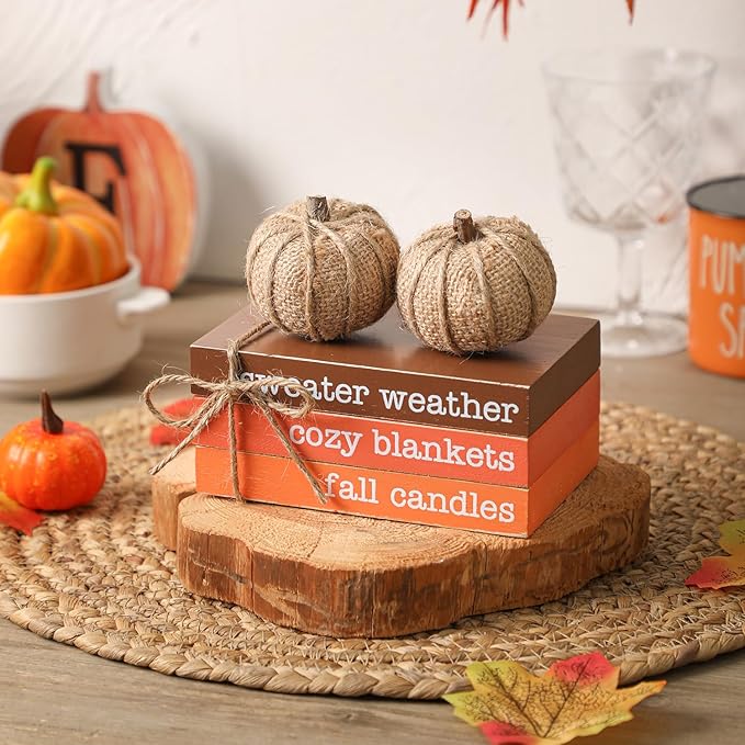 KORMMCO Thanksgiving Decor, Fall Tiered Tray Decor, Wood Book Stack with Maple Leaves & Pumpkins, Farmhouse Mini Decorative Books Bundle, Fall Decor for Table