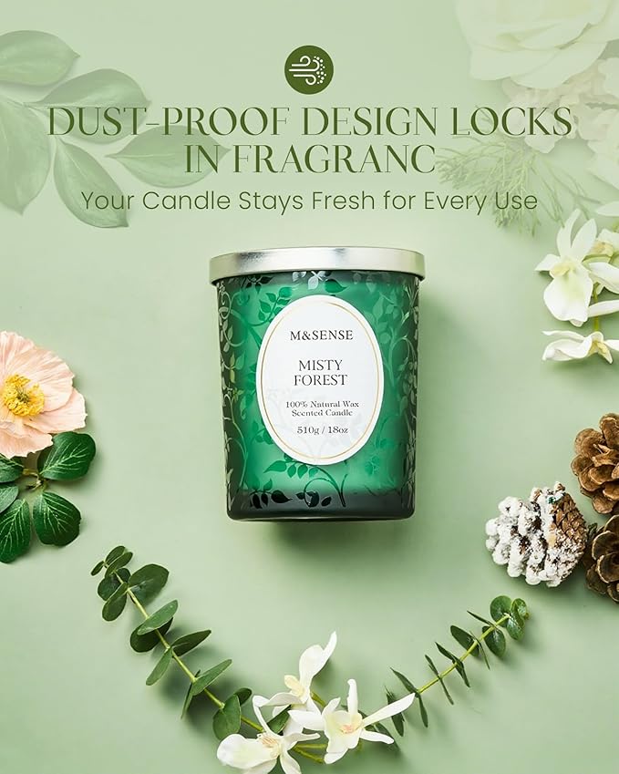 M&SENSE Misty Pine Forest Candle, Cracking Wooden Wick Soy Wax, 18oz 100 Hours Long Lasting Clean Burn, Large Fall Candles for Home Scented, Winter Holiday Gifts for Women Christmas