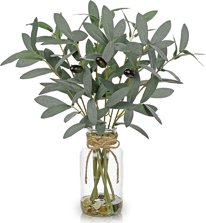 DILATATA Artificial Olive Stems in Glass Vase with Faux Water and Real Stones 15" Fake Greenery Plant Olive Leaves for Home Office Farmhouse Bathroom Bedroom Kitchen Table Centerpiece Decor