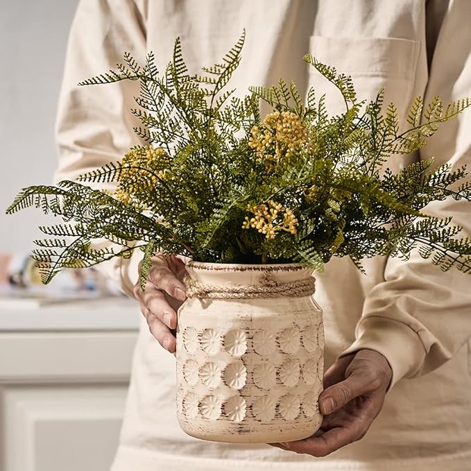 Ceramic Flower Vases for Home Decor Rustic Ideal Shelf Decor Table Décor, 6 Inch Ceramic White Vase for Flowers, Neutral Cream Vases for Mantel, Shelf, Living Room, Table Decoration, Beige