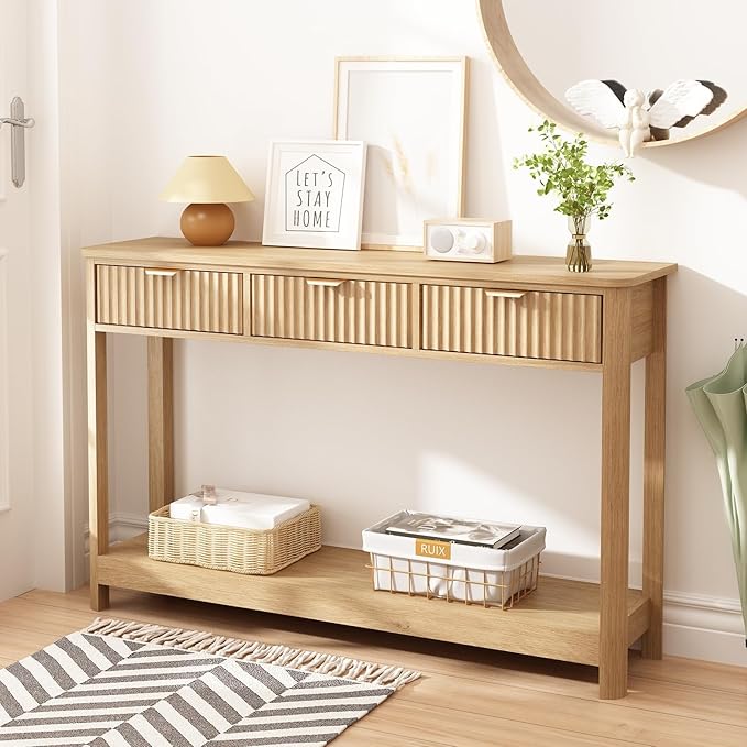 Set of 2 Console Table with Drawers, Modern 47.1" Entryway Table with Storage Shelf, Boho Narrow Skinny Behind Couch Wood Sofa Table for Living Room Hallway Entrance Foyer,Natural