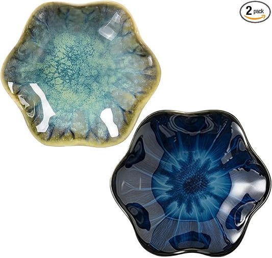 2Pcs Ceramic Jewelry Dish - Lotus Leaf Shape, for Ring Holder Necklace Small Key, Suitable for Mother Friend Sister, Gifts for Women, Cute Plate Trinket Tray, Home Decor (Crystal Green & Blue)