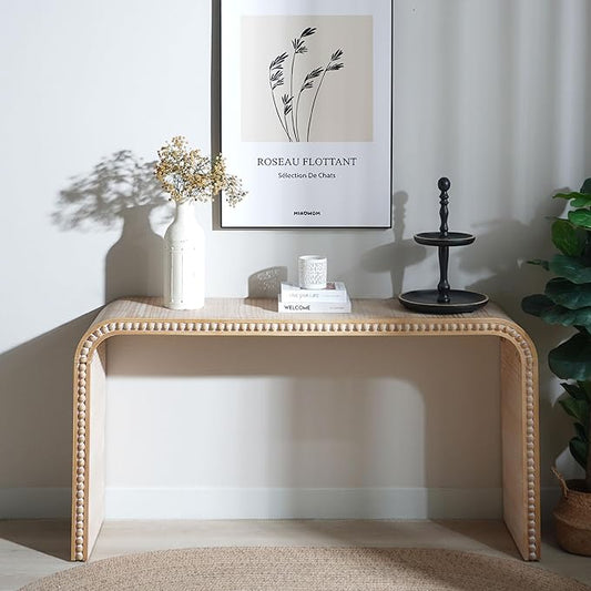 59" Wood Console Table with Wood Beads, for Entryway, Hallway, Living Room, Foyer, Corridor, Office, Modern Curved Waterfall-Style