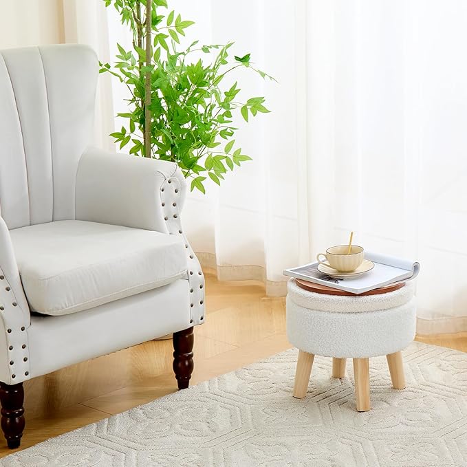 Mxfurhawa Versatile Storage Ottoman, Round Footstool with Soft Padded Seat, Small End Table with 4 Wood Legs, Teddy Velvet Foot Rest for Couch,Shoe Changing Stool for Living Room (Cream)