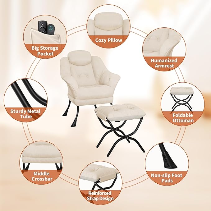 Living Room Chair Modern Accent Chair with Ottoman, Ergonomic Support, Foldable Footrest, Removable Washable Cover, Perfect for Bedroom and Living Room, Beige