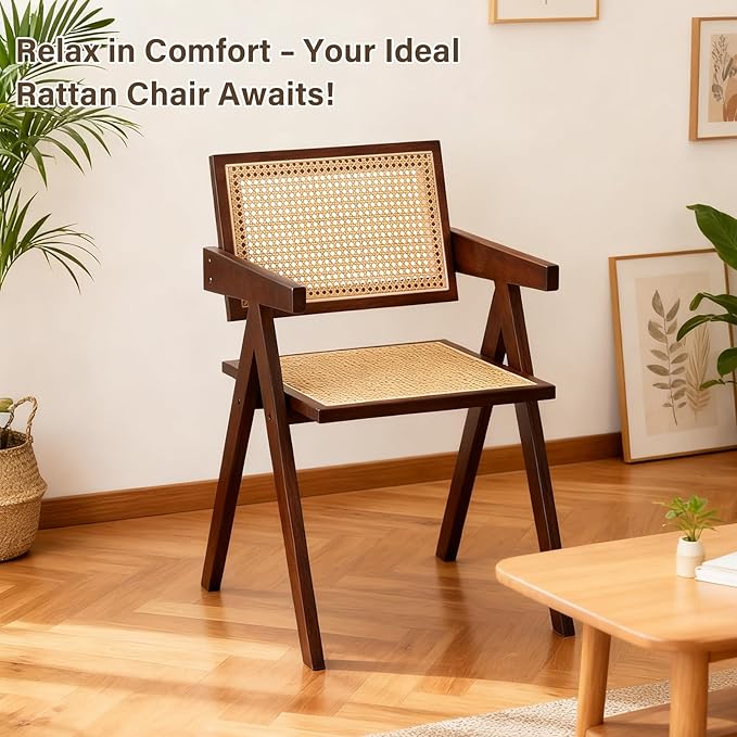 Rattan Accent Chairs, Modern Mid Century Dining Chairs Set of 2, Comfy Armchairs, Outdoor Rattan Chairs with Armrest for Bedroom Living Room Reading Room Dining Kitchen, Brown