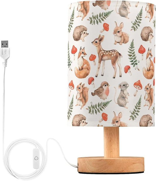 Table Lamp Forest Animal Squirrel Fox Deer Hare Hedgehog Mouse Bird Mushroom Nightstand Lamp with Wood Base Fabric Lamp Shade Bedside Desk Lamp for Living Room Bedroom Kids Room Office
