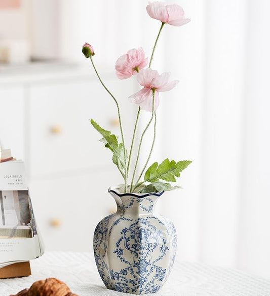 Blue and White Vase, Vintage Blue Ceramic Flower Vessel,Ceramic vases for Home Decor,Vintage Green and Beige for Console Table Mantle Chinoiserie Decor (Blue and White-01, Small)