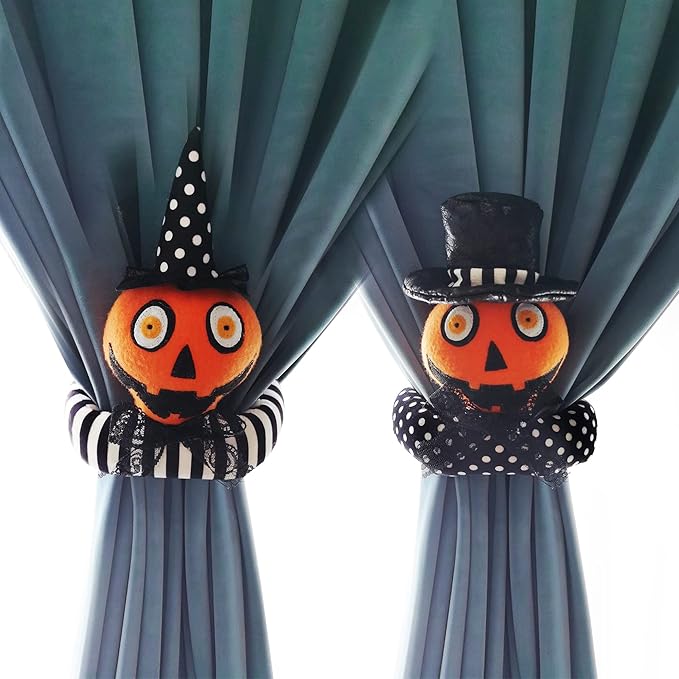 Ogrmar 2 Pack Halloween Curtain Buckle Doll Pumpkin Curtain Tieback Hold Back Fastener for Window Home Hotel Room Decoration (Orange and Black)