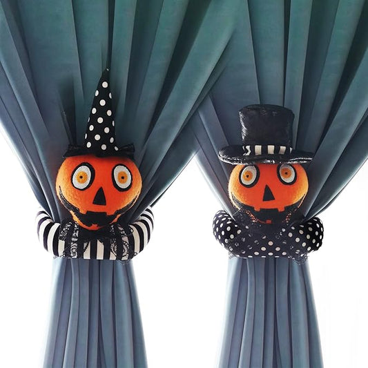 Ogrmar 2 Pack Halloween Curtain Buckle Doll Pumpkin Curtain Tieback Hold Back Fastener for Window Home Hotel Room Decoration (Orange and Black)