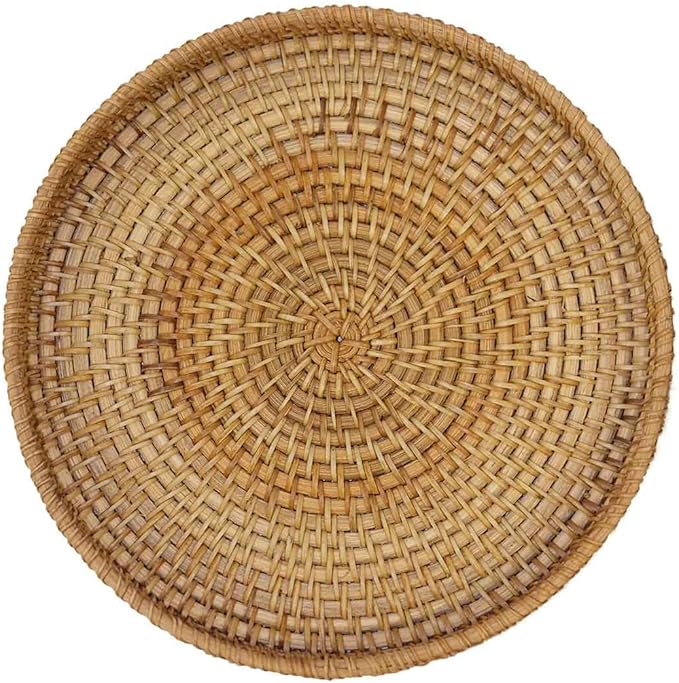 Hand Woven Rattan Serving Basket 9.4 inch - Round Platter for Fruit, Snacks, Appetizers, Bread, Breakfast, BBQs, Parties - Decorative Tray for Living Room, Kitchen, Dining Decor (Medium)