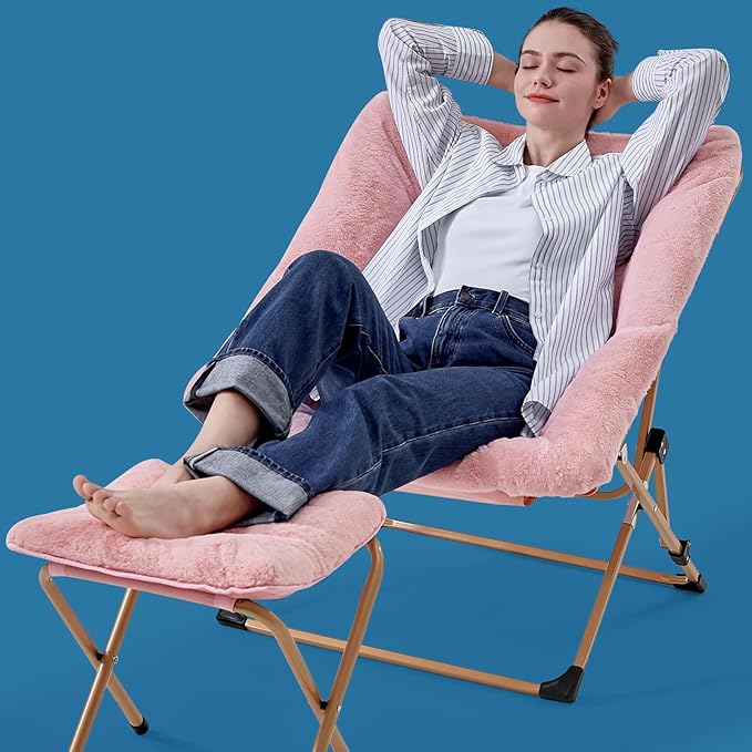 OAKHAM Comfy Chair for Adults, Soft Faux Fur Folding Lounge for Bedroom Living Room Dorm Rooms Flexible Reading Chair for Teens Kids, X-Large Foldable (Ottoman-Pink)