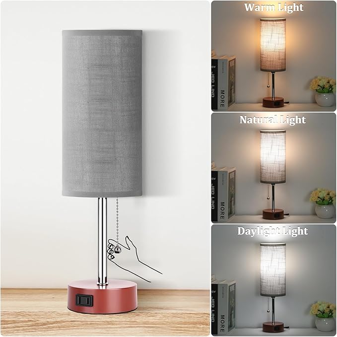 Dott Arts Table Lamp for Bedroom, 3-Color Bedside Lamps with Pull Chain, Bedroom Table Lamps for Nightstand,AC Outlet Small Lamp for Living Room, Bulb Included Grey Striped