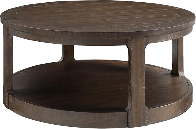 40'' Brown Round Coffee Table, Round End Table 2 Tier Wood Coffee Table Round Circle Coffee Table for Living Room, Traditional Retro Farmhouse Style Rounded Wooden Table for Office(ø40'' x 17.52'')