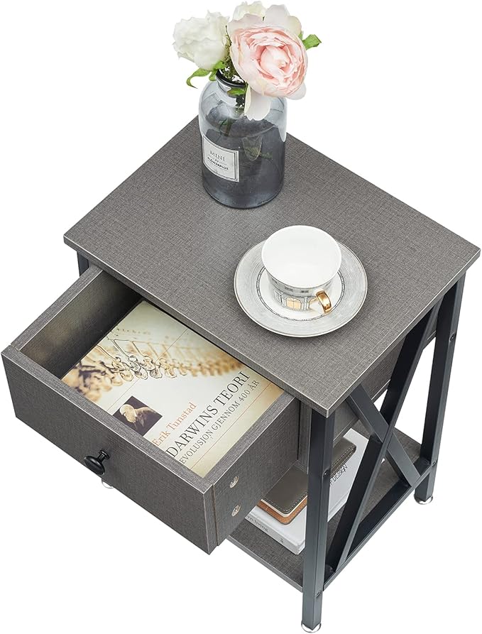 VECELO Nightstands Set of 2, Modern Bedside End Tables, Night Stands with Drawer and Storage Shelf for Living Room Bedroom, Industrial Metal Frame