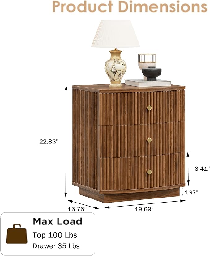 Grooved Wood End Table with 3 Drawers, Curved Edge Storage Side Table, Three Drawer Nightstand Compact Sofa Bedside Table for Bedroom, Living Room and Small Spaces, Walnut