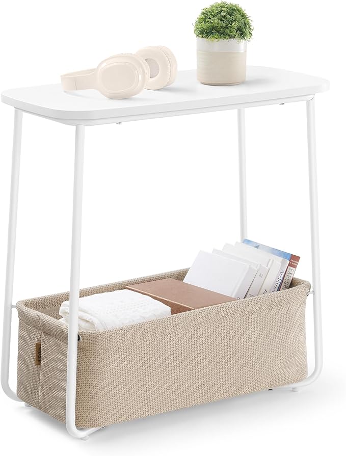 VASAGLE LILEA Collection - Side End Table with Fabric Basket, Modern Nightstand, Rectangular Bedside Table, for Living Room, Bedroom, Matte White and Camel Brown ULET230W10