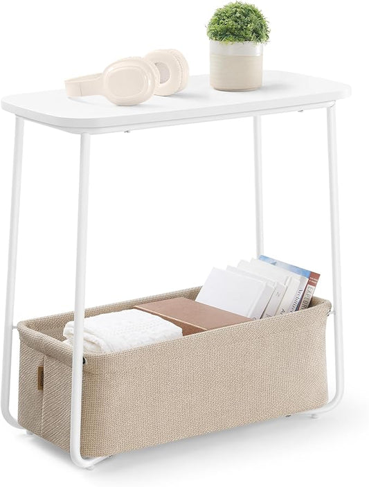 VASAGLE LILEA Collection - Side End Table with Fabric Basket, Modern Nightstand, Rectangular Bedside Table, for Living Room, Bedroom, Matte White and Camel Brown ULET230W10