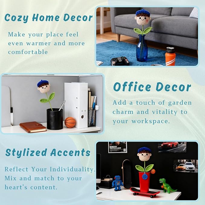 Crochet Handmade Flower Doll Bouquet Gift for Him, DIY Knitted Gifts for Home Office Desk Decor, Gift Ideas for Son Boy Boyfriend