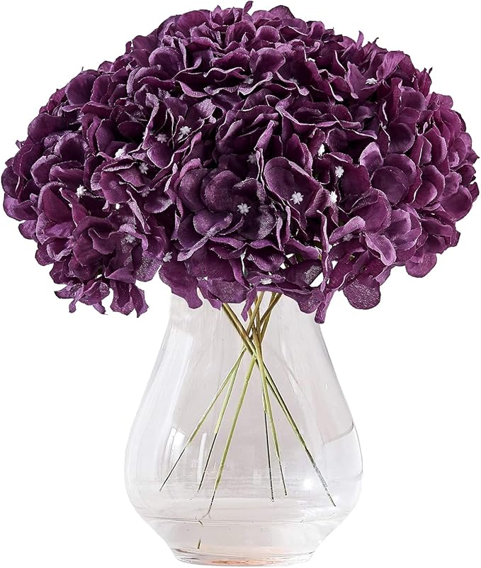 10Pcs Artificial Silk Hydrangea Flower Plum Hydrangea Silk Flowers with Stems for Wedding Bridal Show Centerpieces Bouquets DIY Floral Decor Home Decoration