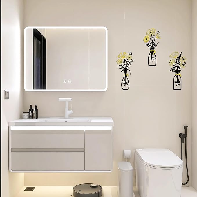 Iron Metal Vase Flower Wall Art Set of 3 - Minimalist Black Floral Decor for Living Room Bedroom Kitchen, Office Garden - Modern Farmhouse Home Decor & Housewarming Gifts (Black-Golden)