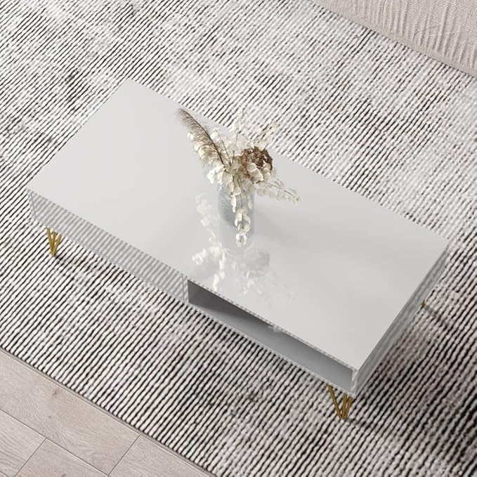 Meble Furniture Repo 51" Coffee Table with Lower Shelf & Drawer - Modern Rectangular Dining Table for Living Room - Durable & Lightweight Wooden Coffee Table with High Gloss Front Finish - White