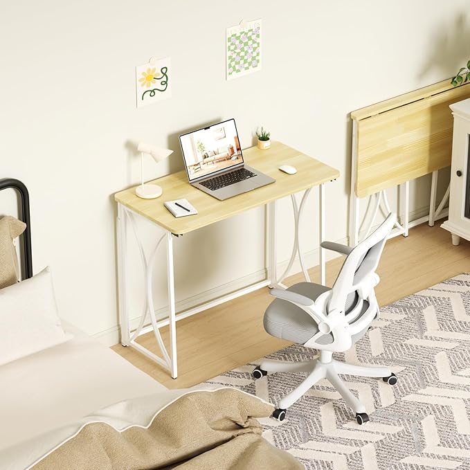 Mini Desk, 31.5" Small Desk for Bedroom, Foldable Desks for Small Spaces & Home Office, Easy Assembly, Beige Floor Patten