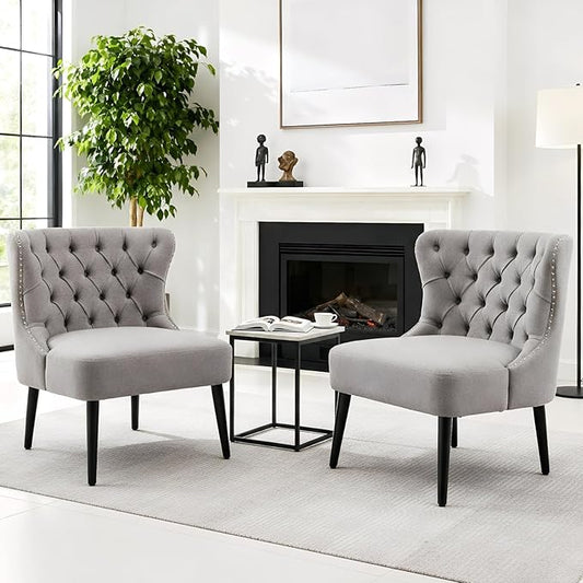 chairus Tufted Slipper Accent Chairs Set of 2, Linen Upholstered Armless Living Room Chairs with Nailhead Trim, Mid-Century Modern Wingback Side Chairs for Bedroom Office Reception, Grey