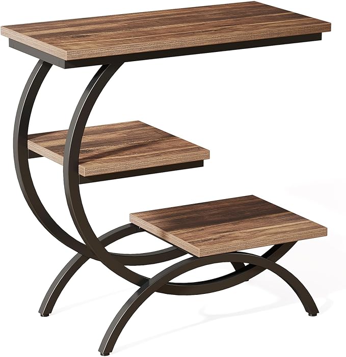 Tribesigns C-Shaped End Table, Industrial 3-Tier Small Side Table for Couch, Wood Bedside Table Snack Side Table with Storage Shelves for Living Room Small Space, Rustic Brown