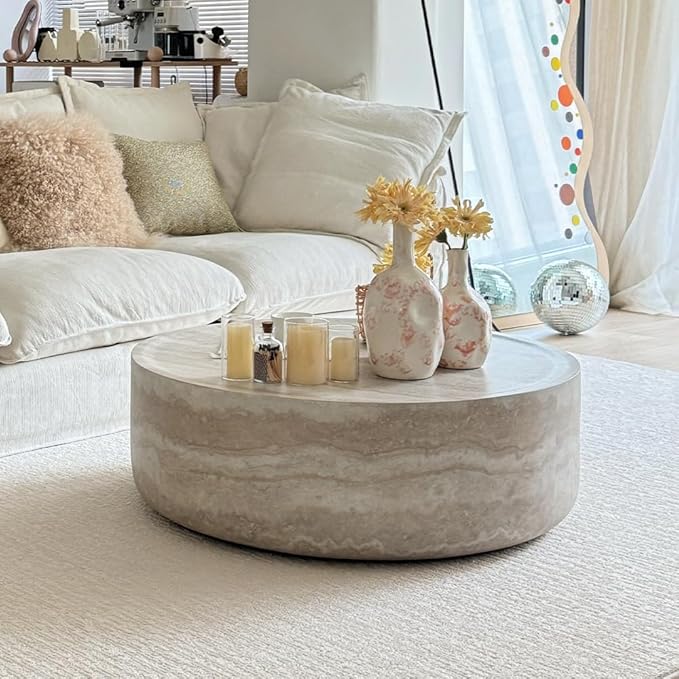 WILLIAMSPACE 31.49'' Round Coffee Table with Mars Pattern for Living Room, Modern Drum Circle Fiberglass Coffee Table Side Table End Table for Living Room, No Need Assembly (Mars Pattern)