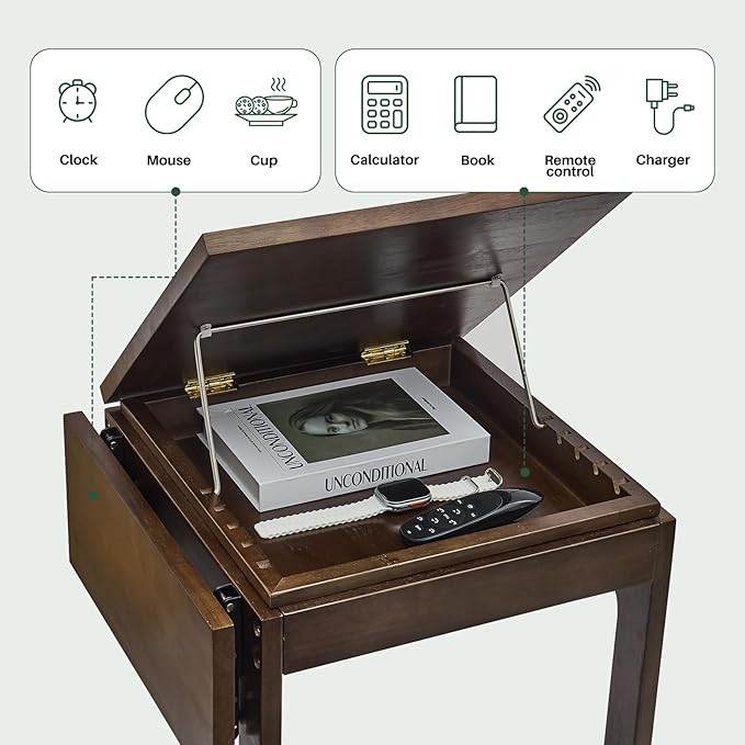 Wood Side Table for Couch - C Shaped Rolling End Table with Wheels, Wooden Modern Tv Tray Bedside Tables Nightstand for Sofa Armchair Living Room Bedroom, Black Walnut, 15.7 in x 15.7 in x 29.5 in