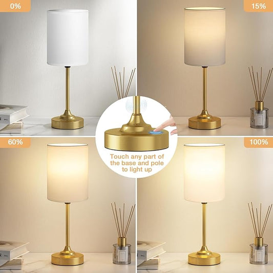 Fenmzee Gold Nightstand Bedroom Lamp - 3 Way Dimmable Bedside Lamp, Small Table Lamp Linen Lampshade for Office Desk, LED Bulb Included