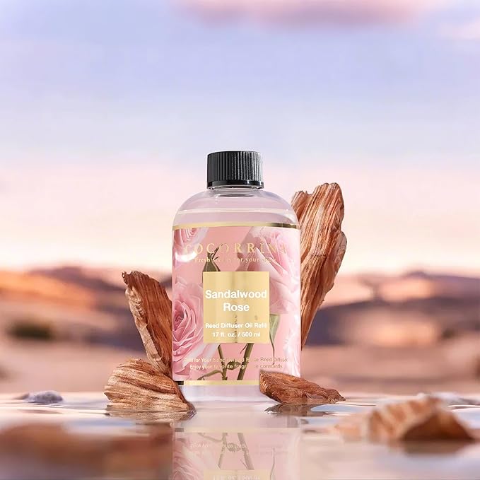 Cocorrína Reed Diffuser Refill Sandalwood Rose 17oz (500ml) with 8 Sticks - Premium Long-Lasting Floral Essential Oil, Home Fragrance for Bedroom, Bathroom Home Decor
